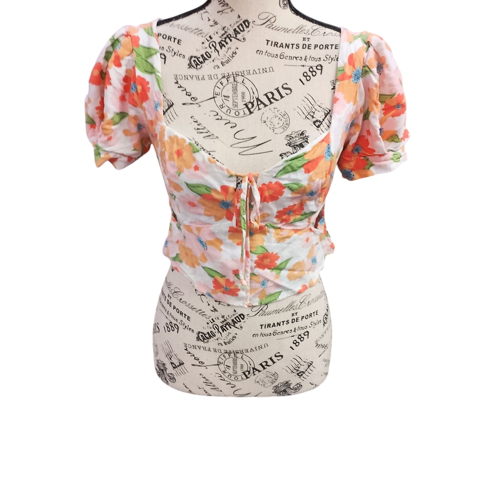 Promesa Floral Puff Sleeve Blouse - Orange, Green, White